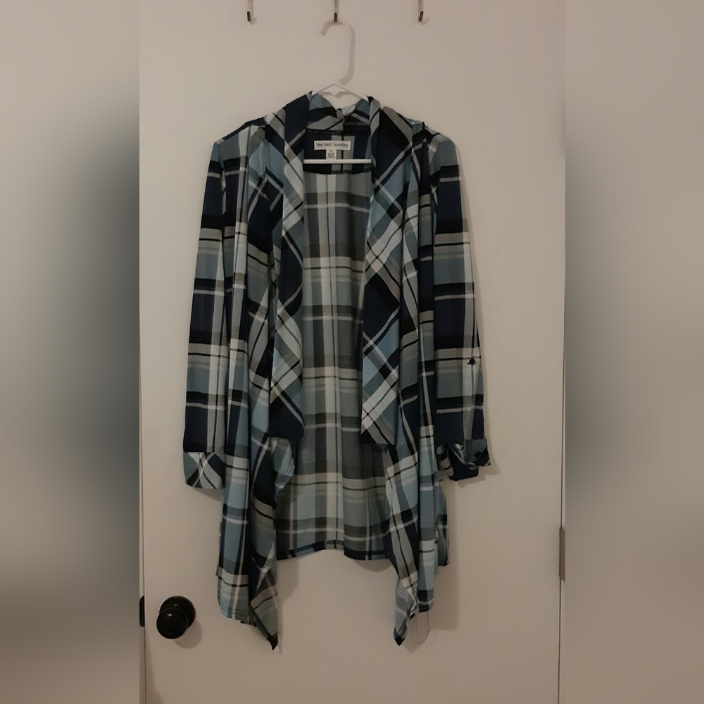 Blue, plaid shirt like cardigan, 100% polyester. New York Laundry.